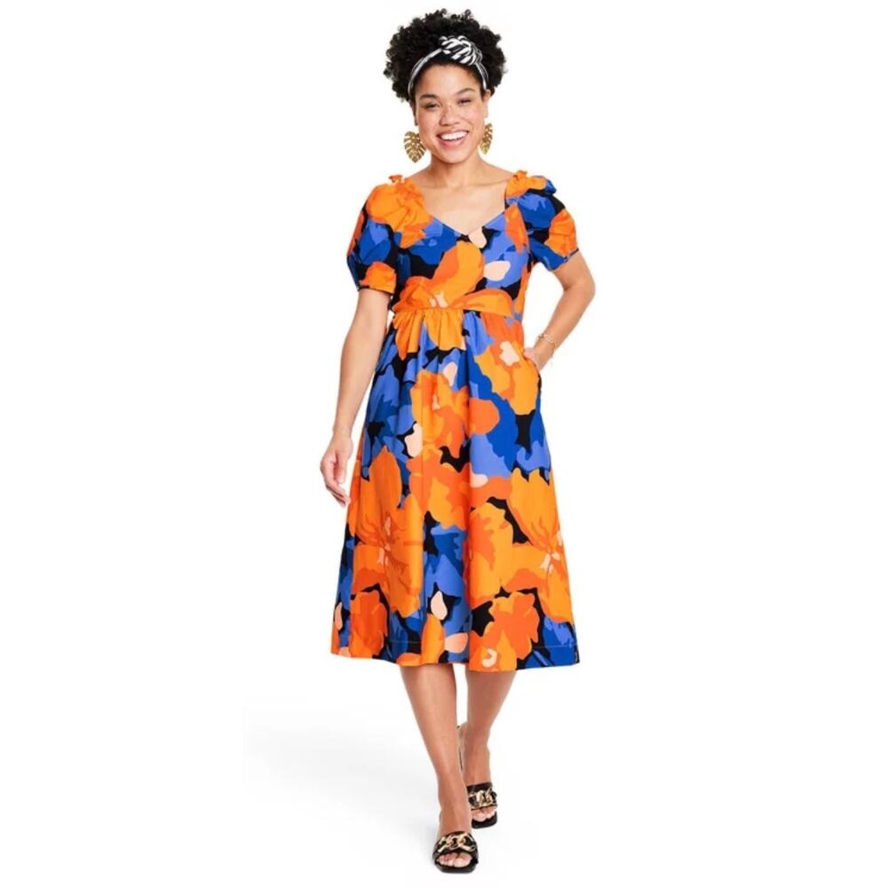 Tabitha Brown For Target Floral Print Puff Sleeve Tie-Back Midi Dress
